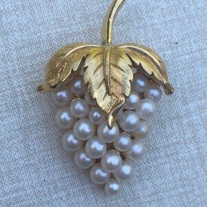 Signed Crown~Trifari Elegant Gold and Pearl Grape Brooch~Vintage 1950’s